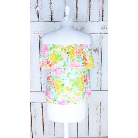 90s sheer yellow floral off the shoulder top - Picture 2 of 5